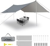 Campingtentzeil waterdicht anti-UV, 3,6 x 4,8 m campingzeil met stokken, fluorescerende haring + scheerlijnen, campingtentzeil ultralicht voor kamperen, wandelen, picknick, grijs
