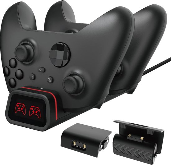 Zwarte dubbele controller oplader met rode LED-indicatoren en een aparte batterijhouder.