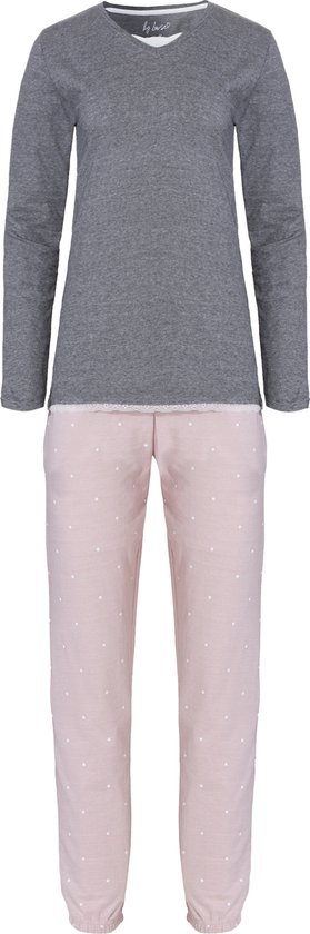 By Louise Dames Pyjama Set Lang Katoen Grijs / Roze - Maat XL