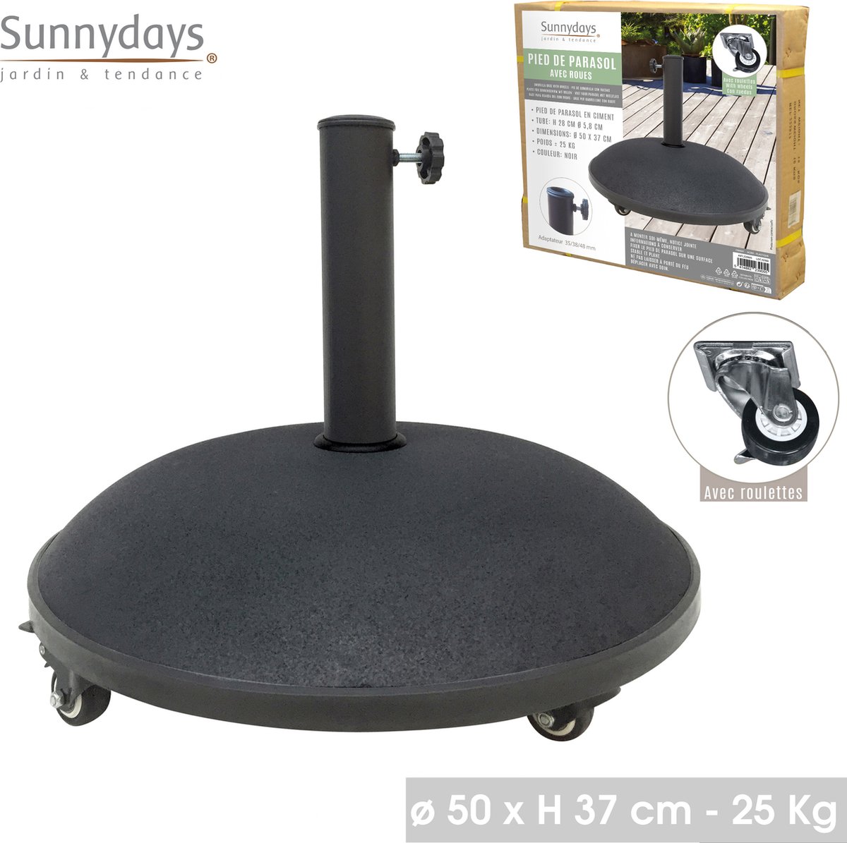Parasolvoet van cement 25 kg + wielen – zwart