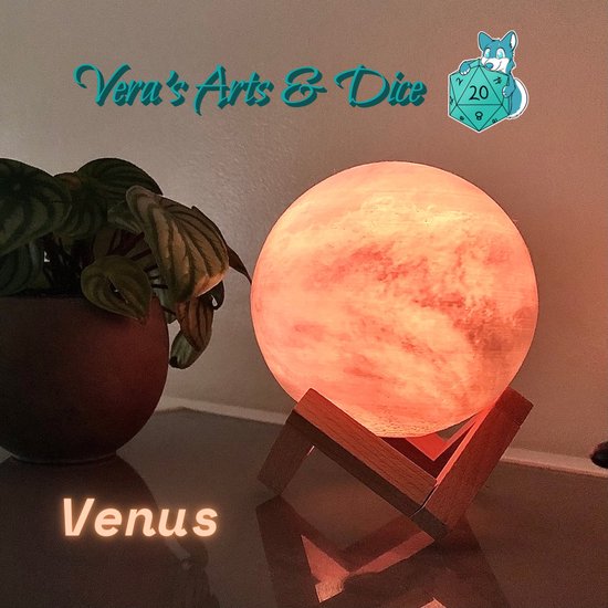 Venus Lamp | Vera's Arts & Dice | 16 Verschillende Kleuren | Planeet Lampen | LED Lamp | Oplaadbaar Dimbaar Stroboscoop Effect Mogelijk Aanraak Gevoelig Afstandsbediening | 3D Print Handmade | Lampen Sfeerverlichting | Slaapkamer Woonkamer