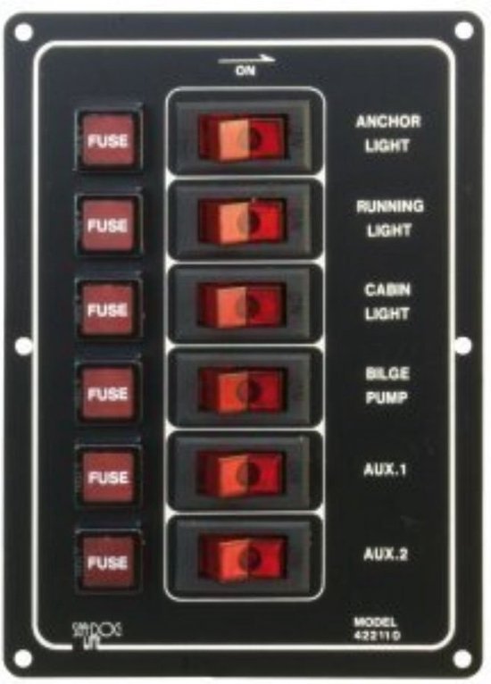 Panneau de commutation vertical 12V avec 6 interrupteurs avec fusibles en verre de 5 ampères