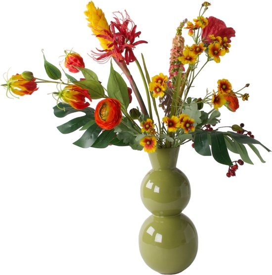 WinQ- Gebonden PlukBoeket kunstbloemen - inclusief hoogglans groene matalen vaas - Diverse bloemen compleet gebonden met blad - In rood met geel combiantie - Kunstbloemen - zijden bloemen -exclusief hoogglans vaas