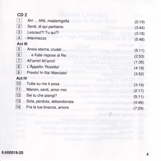 CD 2 Manon Lescaut, Act III, IV, met nummers 5 t/m 14