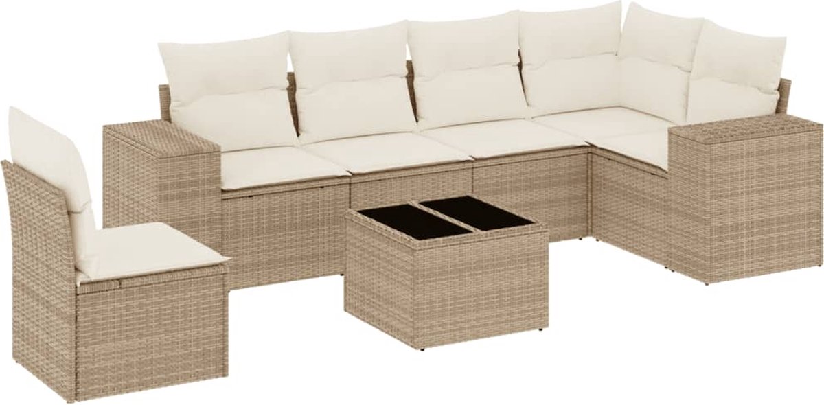 vidaXL 7-delige - Loungeset - met - kussens - poly - rattan - beige