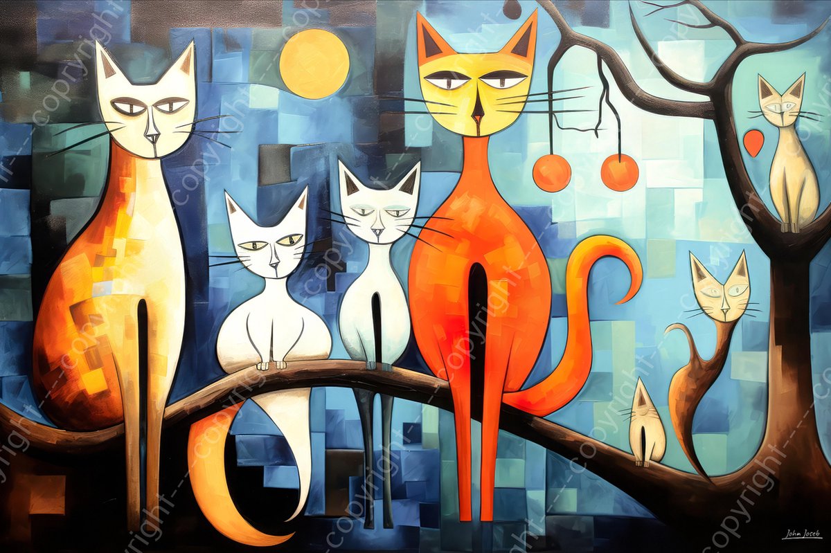 John Joseb Art (Canvas) 90x60 | Poezen op een tak, in boom, abstract, Joan Miro stijl, kunst | dier, kat, poes, bruin, oranje, geel, blauw, woonkamer, modern | Foto-Schilderij canvas print (wanddecoratie)