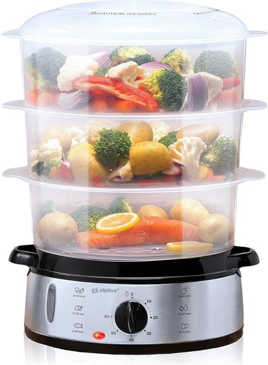 Foto: Stoomkoker ultieme stoomkoker 3 laags food steamer met 9 liter inhoud 230v 800w bpa vrij vaatwasserbestendig 0 tot 60 minuten timer kleur grijs effici nt en gezond koken gegarandeerd 