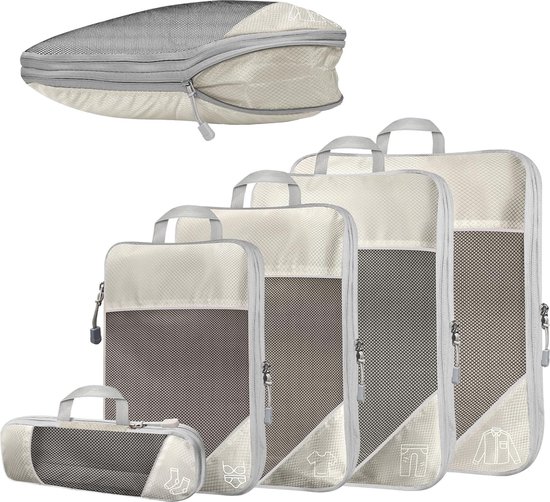 5-delige compressieverpakkingskubusset voor op reis, compressieverpakkingskubus voor het organiseren van uw reisbagage, ultralicht, opbergtas, kofferorganizer, voor rugzak en koffer (beige)