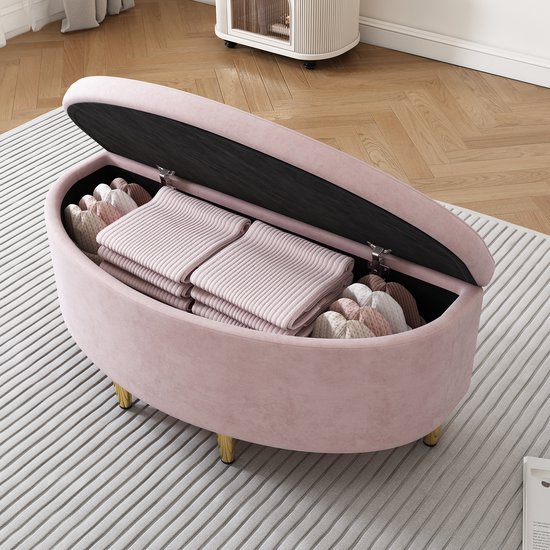 Sweiko Gestoffeerde bank met opbergruimte, gestoffeerde bank met fluwelen opbergdoos, voetenbank met metalen poten, geschikt voor hal, woonkamer, slaapkamer, 90 x 40 x 42 cm, Roze