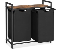 Wasmand, mand met 2 vakken, bak met 2 afneembare zakken van Oxford-stof, metalen frame, 2 x 46 l, 73 x 33 x 72 cm, rustiek bruin en zwart