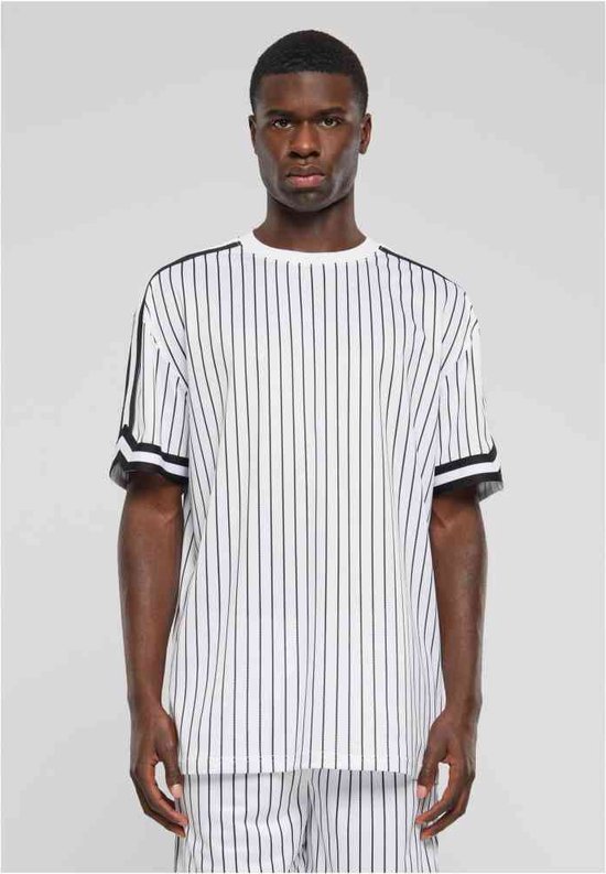 Urban Classics - Oversized Striped Mesh Heren T-shirt - L - Wit/Zwart