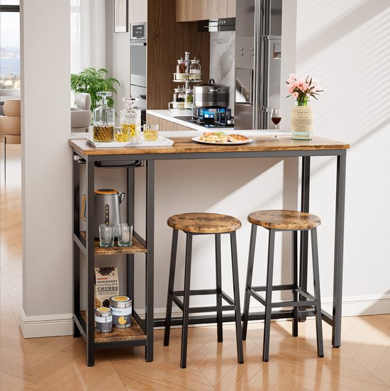 Bealife TB31 Bartafel met barkrukken - Bartafel voor 2 personen met stoelen - Bartafel set van 3 met barkrukken - Vierkante bartafel (voor kleine woonkamers, eetkamers en flats) - 120x40x90 cm - Donkerbruin