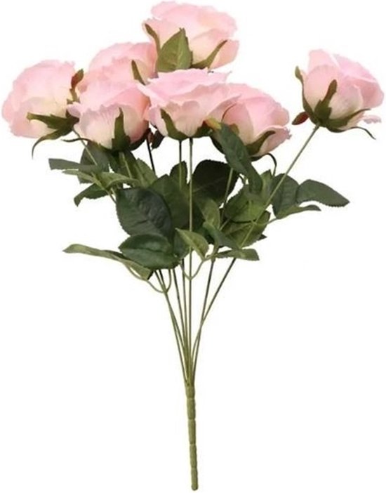 Real Touch Roze Rozen, 7 knoppen - Kunstbloemen - Nepbloemen - Kunstrozen - Zijden Bloemen pink - 1 Stengel met 7 rozen bloemen - 47,5cm - roze