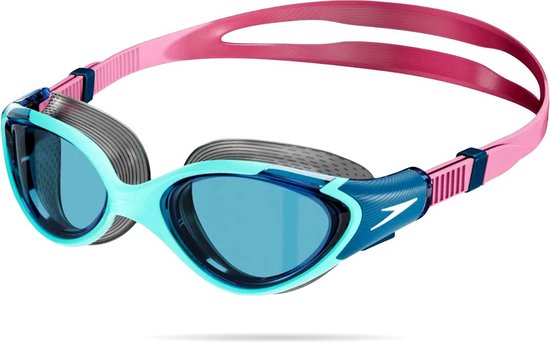 Speedo Biofuse 2.0 zwembril, turquoise frame, blauwe accenten en roze band.