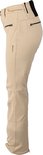 Zijzicht van een beige skibroek met zwarte details en logo.