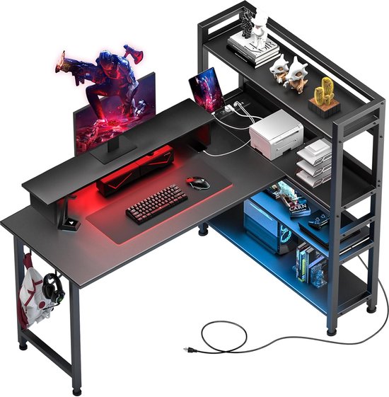 55" inch L-vormige computer gaming bureau met desktop oplaadpoort thuiskantoor bureau met 4 lagen planken hoekbureau met monitorstandaard LED-verlichting gaming tafel - zwart