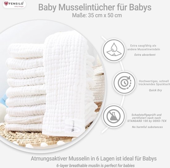 Fensilo -Hydrofiele Luiers - Hydrofiele Doeken - 100% Katoenen mousseline - 35 x 50 cm - 10 pack - Wit -Musseline doeken voor baby's, spuugdoeken voor baby's, 6 lagen, absorberende luiers, stoffen luiers