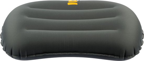 Coussin gonflable gris foncé détaillé avec logo Abbey Camp jaune.