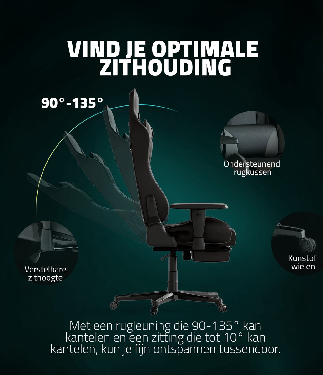 GAME HERO® Winner X1 Gaming Stoel met Voetsteun - Grijs - afbeelding 3