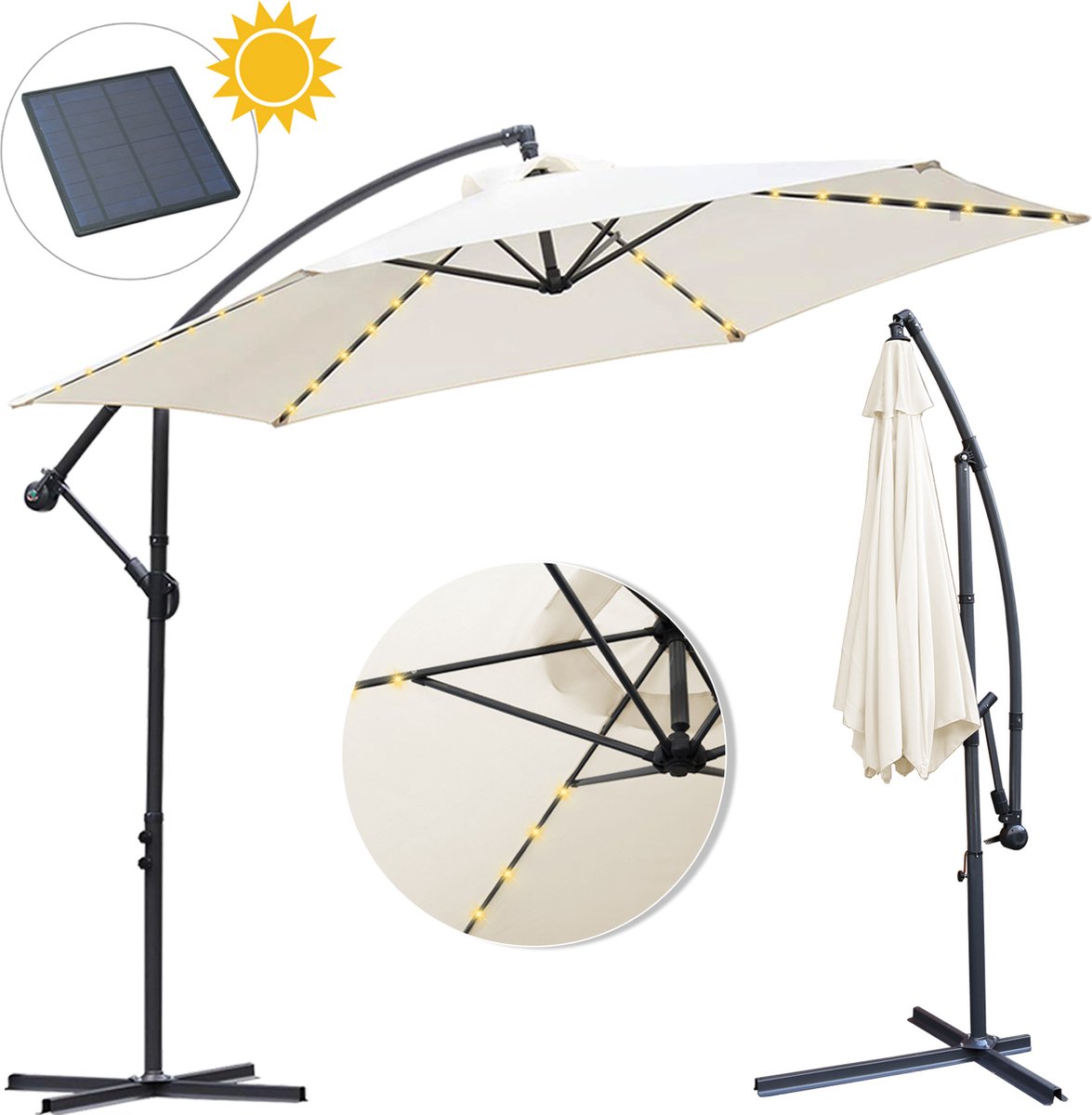 Zweefparasol in beige met Solar LED verlichting, draai- en kantelbaar, Ø 300cm, duurzaam ontwerp.