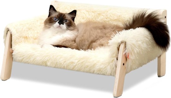 Foto: Verhoogde kattenslaapbank van hout 56x45cm robuuste grote kattensofa modieuze kattenstoel met afneembare matrashoes draagvermogen 10 kg wit 56x45cm 