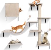 Klimwand voor katten, 10-delige set, grote hangbrug, krabzuilen met sisal, rust en speelwandrek met spoorbal, kattenmeubels voor binnen tot 10 kg