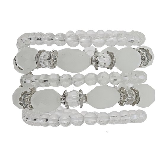 Behave - Bracelet - 5 rangs de perles transparentes et blanches - élastique