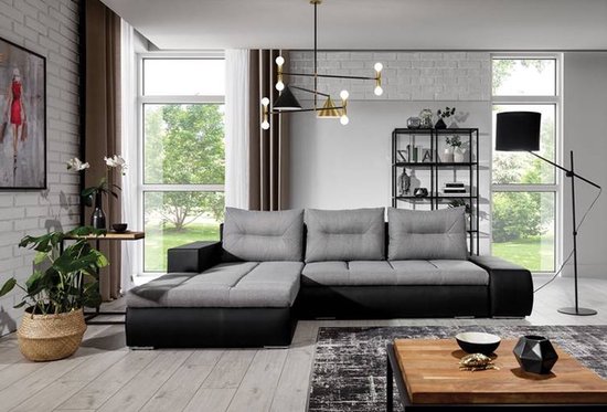Ottavio - canapé d'angle rabattable avec fonction couchage - avec bac à literie - côté gauche - confortable - pour le salon - grand canapé d'angle moderne L - noir - gris - 275 x 180 cm
