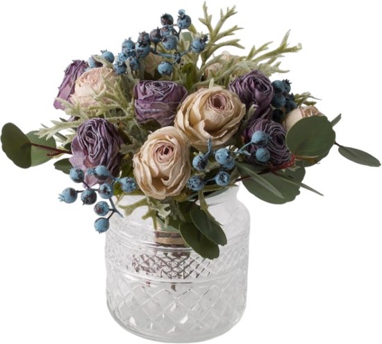 WinQ-Bouquet de roses artificiel à reliure courte en lilas et lilas doux - vase incl.