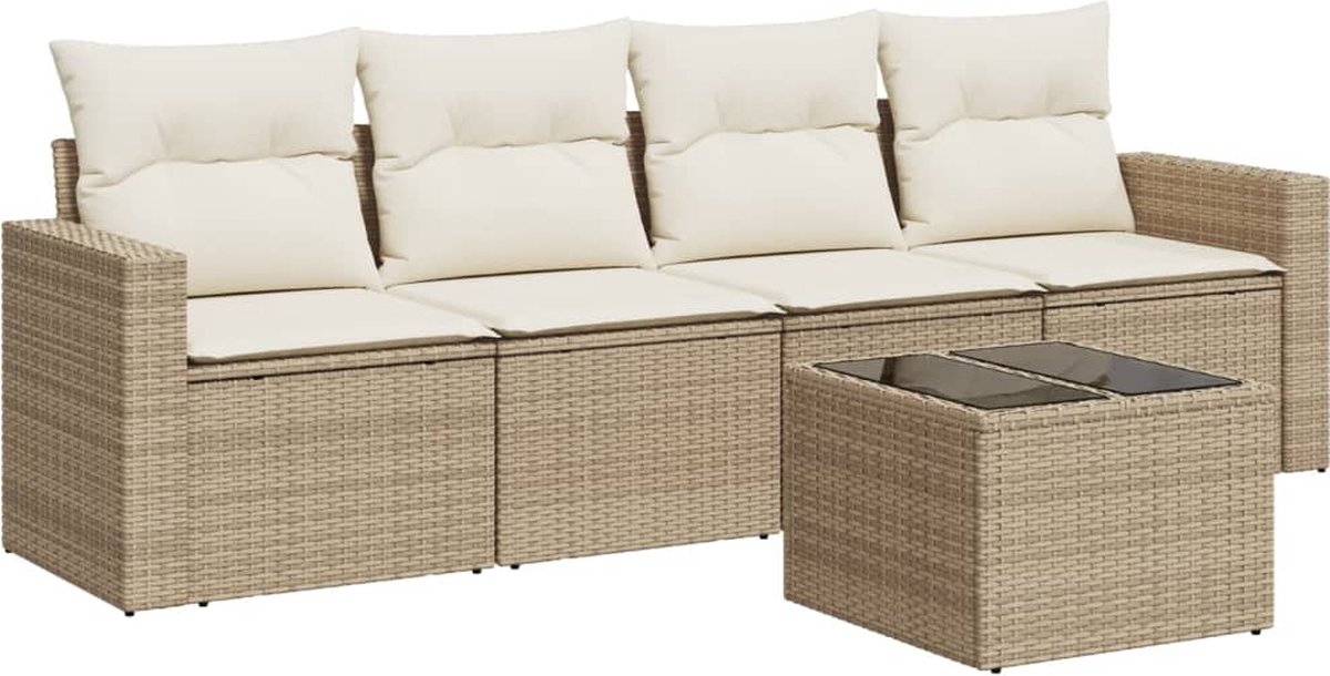 vidaXL 5-delige - Loungeset - met - kussens - poly - rattan - beige