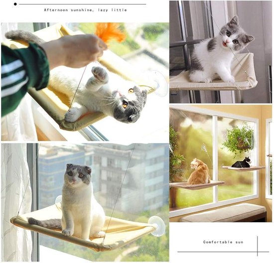 YIQI Op het raam gemonteerde kattenhangmat voor kattenbaars, hangend huisdierbed met zuignap, comfortabel, duurzaam, robuust, opbergruimte (55 x 32 cm