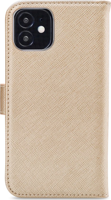 Étui portefeuille doré pour iPhone 12 Mini, avec une texture croisée et une languette de fermeture.