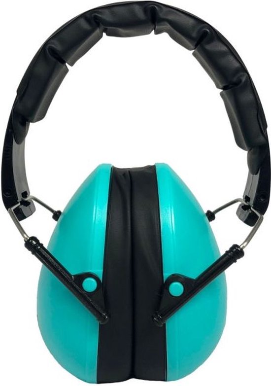 Casque antibruit turquoise pour enfants avec serre-tête noir, plié.