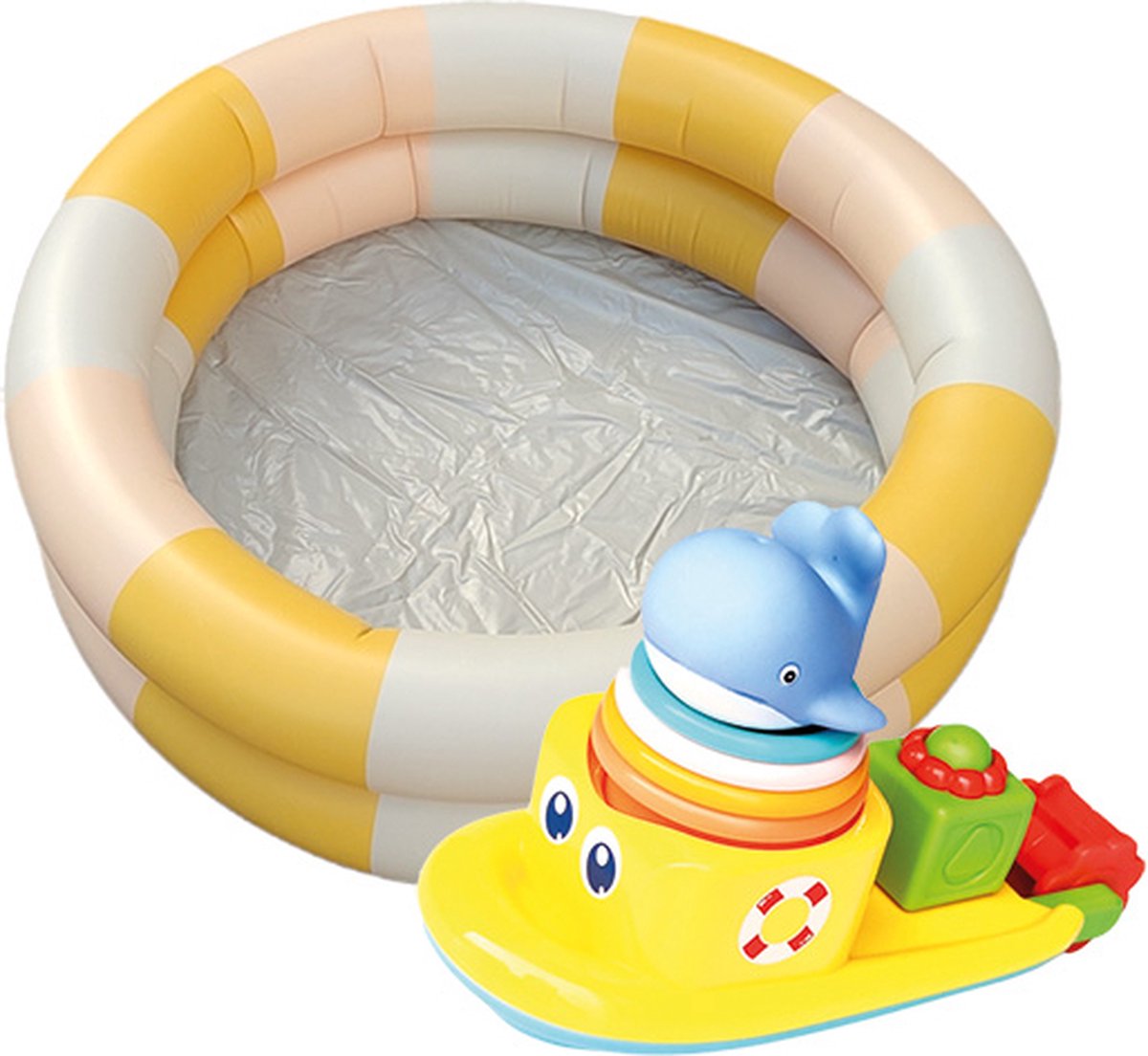 Zomer set Zwembad geel + Badboot Zwembad voor kinderen Pastel Geel gestreept opblaasbaar Ø 90cm Badspeelgoed