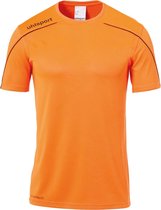 Oranje sportshirt van Uhlsport met zwarte bies op de schouders en mouwen. Uhlsport logo op de linkerborst.