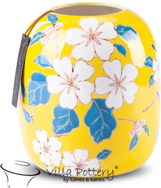 Vaas - Villa Pottery - Porselein - Waterdicht - Decoratie - Moederdag - Woondecoratie - Happy Flowers 1 Yellow