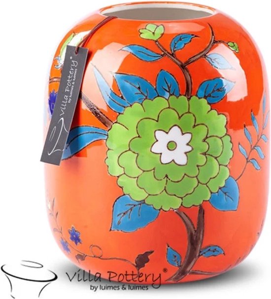 Vaas - Porselein - Waterdicht - Villa Pottery - Woondecoratie - Decoratie - Moederdag - Happy Flowers 1 Orange