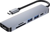 By Qubix USB C Hub HDMI met voeding – 6in1 - 1x 4k HDMI - 2x USB 3.0 - 2x kaartlezer - 1x USB C - Space gray - Universeel