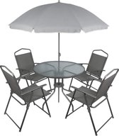 salon de jardin - table ronde + 4 chaises + parasol - salon de terrasse - gris - salon de jardin complet