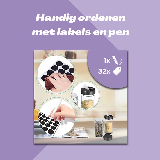Gedeeltelijke weergave van het kruidenrek met labels en pen.