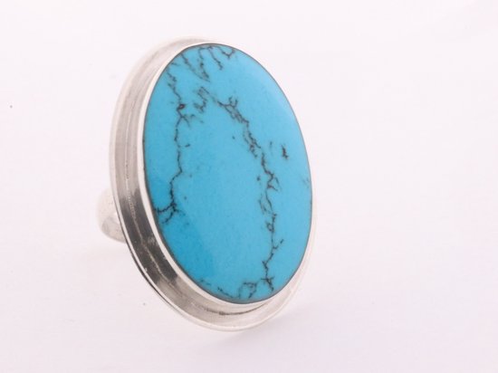 Grote ovale zilveren ring met blauwe turkoois - maat 17.5