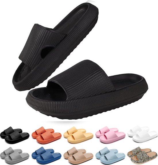 Zwarte badslippers met een gegroefd design, hiernaast diverse kleuropties.