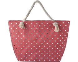 Een vrolijke strandtas met aan beide kanten een rode, zilvergrijze weefstructuur. De zilvergrijze stippen maken deze tas helemaal af. (56x37cm) Gevoerd, afsluitbaar met rits, met twee handvaten van gedraaid touw. Voor uzelf of als Cadeau.