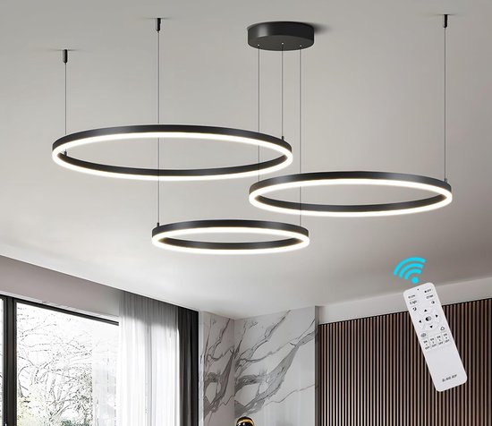 3 Ringen - Hanglamp - Kroonluchter - Woonkamerlamp - Zwart - Moderne lamp - Led verlichting - Dimbaar Met Afstandsbediening
