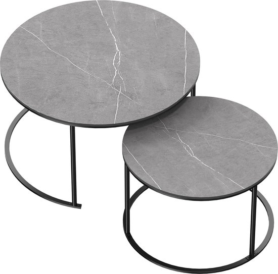 Shop Universe - Moderne Salontafel - Set van 2 - Koffietafel - Bijzettafel - 2 Stuks - Ronde Salontafel - Salontafels Industrieel - Marmer Look - Zwart - Grijs