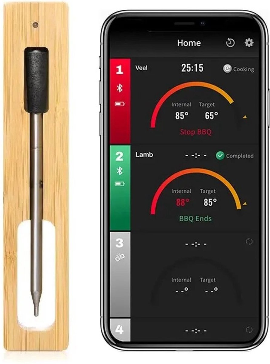 ValueStar - Vleesthermometer - Vleesthermometer Draadloos Met App - Bluetooth - Bbq Thermometer - Vleesthermometer Draadloos - Nauwkeurige Temperatuurmetingen - Gemak Van Draadloos Gebruik - Zwart