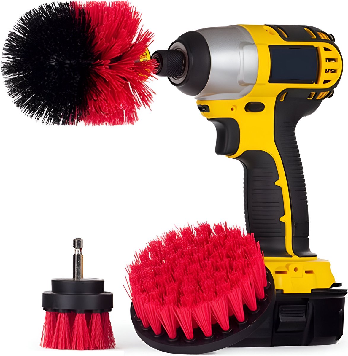 Goedkoopste 3 delige Borstelset voor Boormachine | Schrobborstel Opzetstuk | 3 maten Boorborstels | Reinigingsborstels voor Binnen en Buiten | 50mm / 100mm / 89mm | Rood