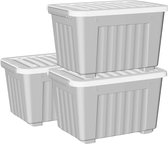 55L x 3 plastic opbergdoos, grijs, draagtas, organiserende container met duurzaam deksel en veilige vergrendelende gespen, stapelbaar en nestbaar, 3 stuks, met gesp