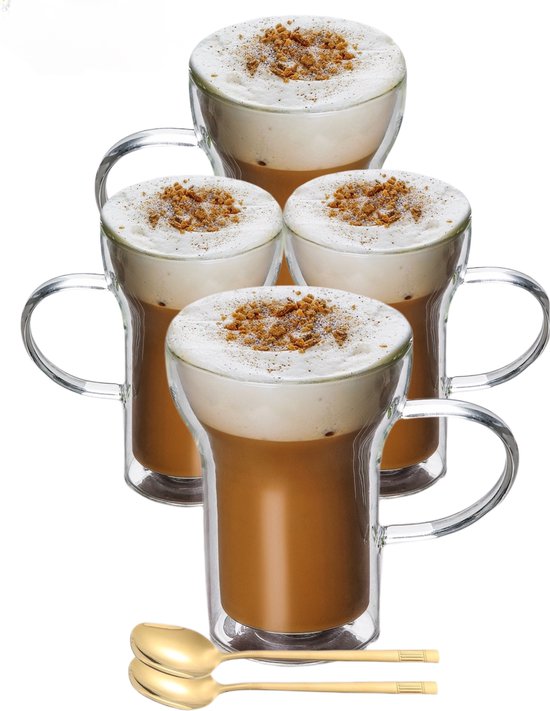 Dubbelwandige Koffieglazen Met Oor - Set van 4 - 400 ML - Gratis 4x Lepels - Latte Macchiato Glazen - Dubbelwandige Theeglazen - Cappuccino Glazen