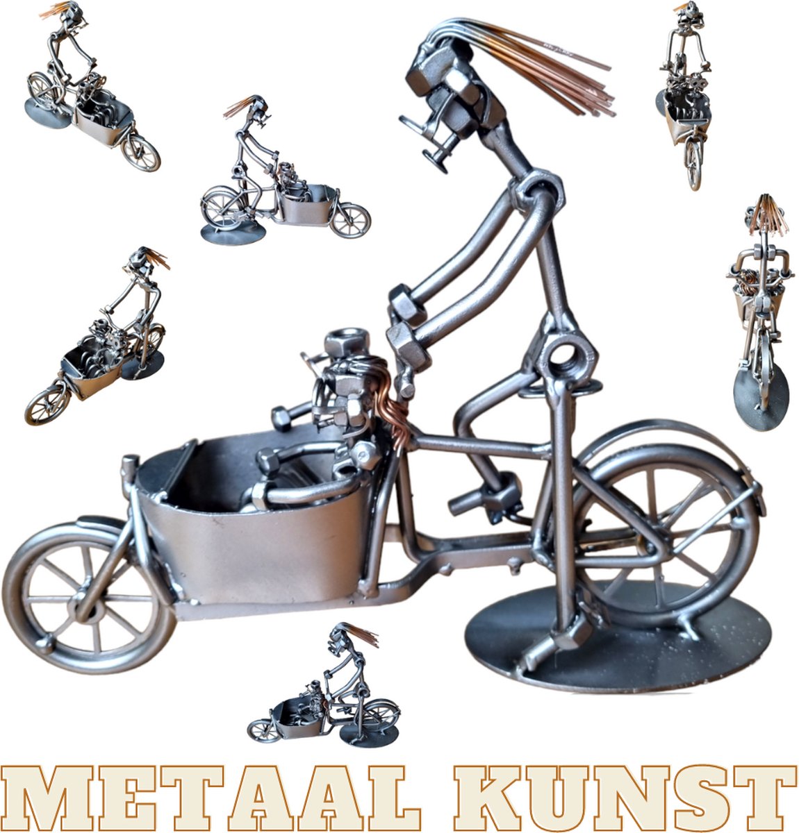 Vrouw met kinderen op de fiets-metaal kunst-metaal beeld-fiets-gezien-bakfiets-het best cadeau-uniek-verjaardag-sinterklas gift-kerst-geschenk